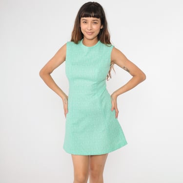 slim fit dress slacks Vintage 60s Green and White Flower Print Dress with Rounded Collar