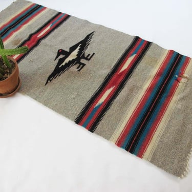 Vintage 1950s Woven Wool Southwestern Thunderbird Table Runner - 50s Striped Gray Pink Blue Textile 
