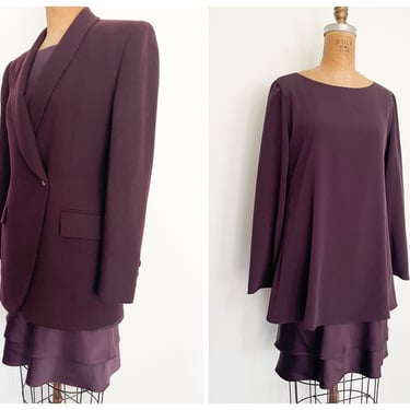 Vintage ‘80s - ‘90s Jones New York ladies suit, dress & blazer set | plum eggplant wine, tiered dress, S 