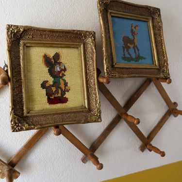 Vintage Animal Deer and Bunny Framed Crewel Picture Wall Hanging Set 