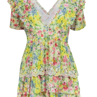 LoveShackFancy - Yellow Multicolor Floral Print Dress w/ Eyelet Trim Sz S