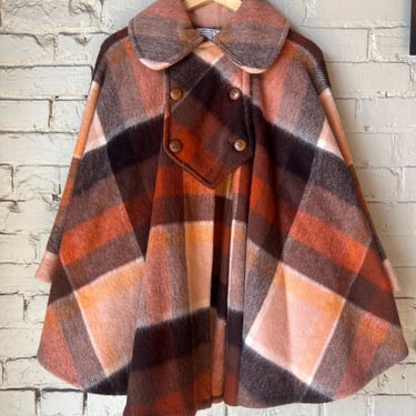 One Size, Vintage 1970s Wool Plaid Cape Jacket, Orange Black, Fall 