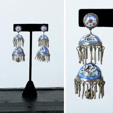 vintage 1940s Mina Karee chandelier earrings • hand painted birds enameled statement clip earrings 