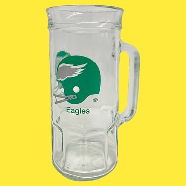 Vintage Philadelphia Eagles Beer Stein Retro 1980s Kelly Green Helmut + Clear Glass + Tall Mug with Handle + Philly Sports + Football Merch 