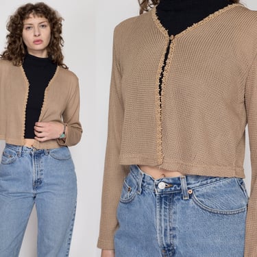 Medium 90s Tan Ribbon Knit Open Fit Crop Top | Vintage Woven Long Sleeve Cropped Blouse 
