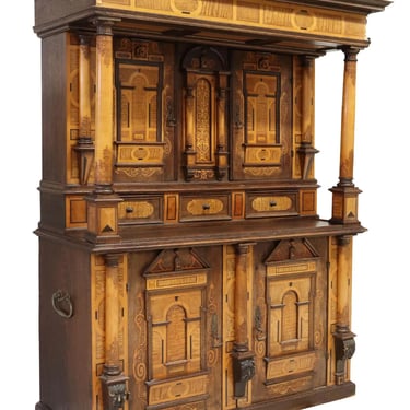 Antique Cupboard, Renaissance Revival, Inlaid Carved Oak, Shelves, Drawers, 1800