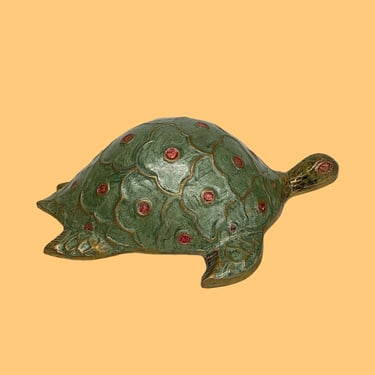 Vintage Brass Turtle Retro 1980s Bohemian + Reptile + Small Statue + Painted + Green and Red + Home and Table Decor + Knick Knack + Boho 