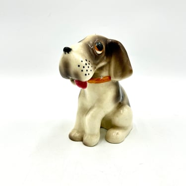 Vintage Ceramic Puppy Dog Figurine, Beagle, Made in Japan, Vintage Home Decor, Figure, Red Tongue, Red Collar, Brown, Cream with Black Nose 