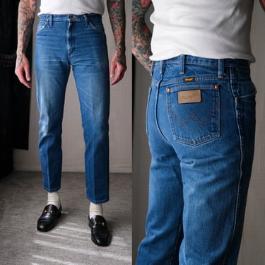 Vintage 80s WRANGLER Medium Indigo Distressed Whiskered Wash Zip Fly Jeans | Size 32x30 | UNISEX | 1980s WRANGLER Designer Slim Denim Pants 