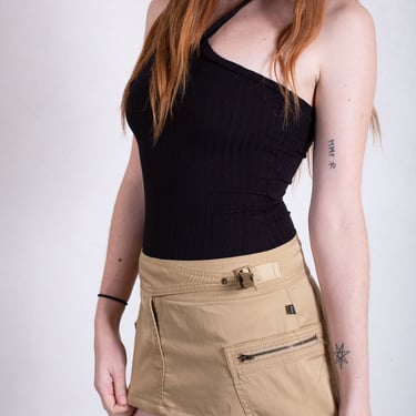 Vintage Y2K Micro Mini Cotton Blend Nude Cargo Skirt with Belt sz XS S Side Pockets Short 90s Minimal 