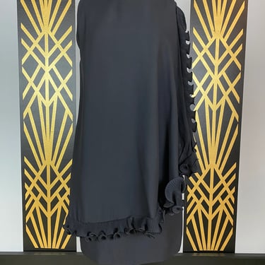 1960s shift dress, black rayon crepe, vintage 60s dress, mod cocktail dress, mrs maisel style, medium, ruffled, wrap style, 36 bust, lbd 