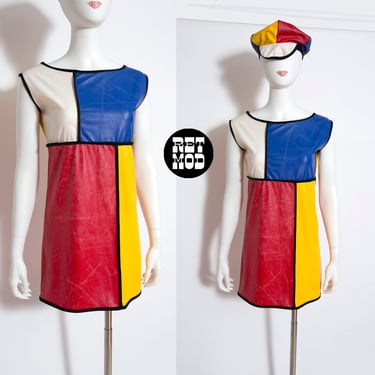 ICONIC Vintage 90s 00s Mondrian Color Block Vinyl Costume Dress with Matching Cap - AS IS 