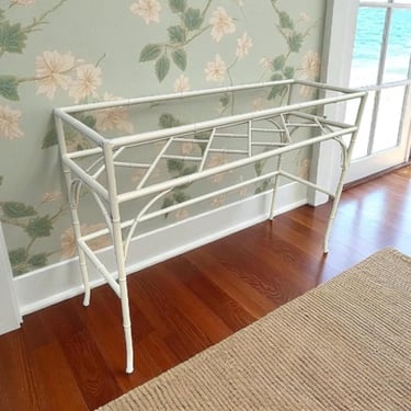 White Faux Bamboo Console Table 42” - Vintage Chinese Chippendale Fretwork Hollywood Regency Mid-Century Wrought Iron Patio Table 