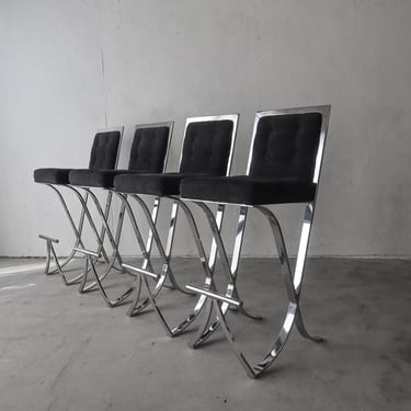 Set of 4 1970s Chrome X-Base Barstools 