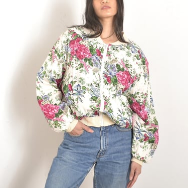 Vintage 1990s Jacket / 90s Floral Print Slouchy Bomber Jacket / White Pink ( large L ) 