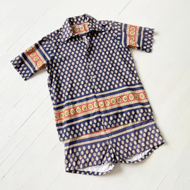 1970s Christian Dior Men’s Navy Print Cotton Shirt + Short Cabana Set 