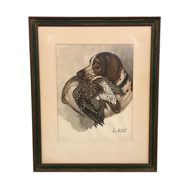 Free shipping within continental US - Original Hunting Dog with Foul Watercolor Painting by French Artist and Cartoonist Jean Herblet Signed 