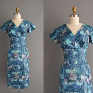 1950s vintage dress | Gorgeous Abstract Print Polished Cotton Pencil Skirt Wiggle Dress | Small | 50s dress 