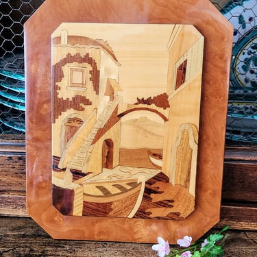 ITALY Inlaid Wood Plaque Sorrento~Vintage Wood Inlay Picture of Seaside 
