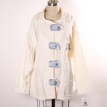 1980s White and Blue Denim Button Down Long Sleeve Frayed Detail Jacket 