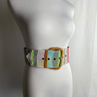 Vintage 80’s pastel striped leather belt Extra wide Guatemalan textile belt hand crafted pretty summer vibes size small 