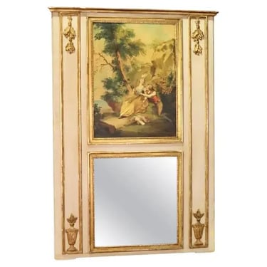 Monumental Antique French Painted Trumeau Mirror With Courtship Scenery