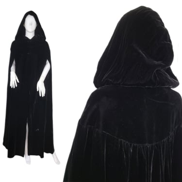 1970's Long Black Rayon Velvet Hooded Cape I Cloak I Sz Med 