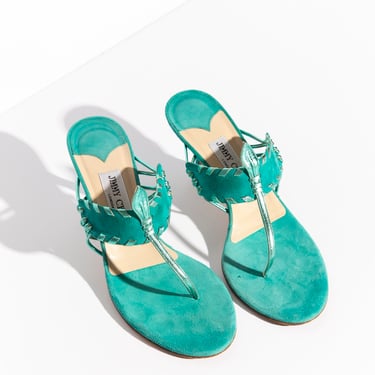 JIMMY CHOO 00s Teal Suede Whipstitch Heeled Sandal