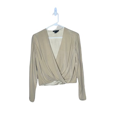 Vintage Due Per Due Taupe Beige Minimalist Silk Crossover Blouse, Size 8 