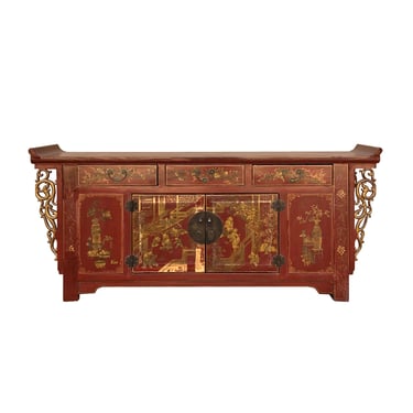Chinese Distressed Red Golden Graphic TV Console Table Cabinet cs7448E 