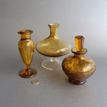 Set of 3 assorted vintage perfume bottles  Amber glass perfumers Collectible vanity collection 
