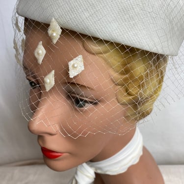 60’s white veiled fascinator hat~ wedding attire  bridal ~bride Mod MCM netted netting Jackie O inspired 