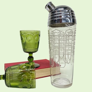 Vintage Cocktail Shaker Retro 1930s Art Deco + Clear Glass w/Gray Graphics + Drink Recipes + Stepped Dome Lid + Mix Alcohol + Barware + Bar 