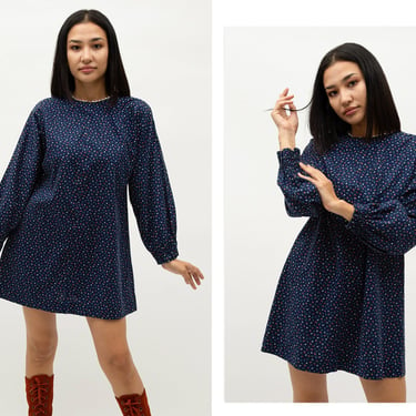 Vintage 1970s 70s Navy Ditzy Floral Shift Long Sleeve Mini Dress w/ Keyhole Closure // Balloon Sleeves Plus Size 
