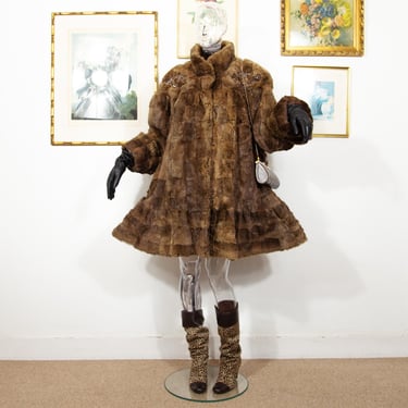 Vintage 1980s Brown Beaver Fur Coat High Neck Trapeze With Leather Inserts Size M 