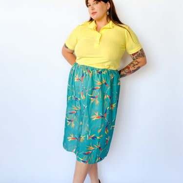 1970s Turquoise Leaf Print Midi Skirt, sz. M-3X