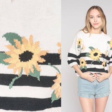 Sunflower Sweater Top 90s Striped Short Sleeve Sweater Floral Knit Shirt Retro Girly Flower Print Slouchy Black White Vintage 1990s Medium M 