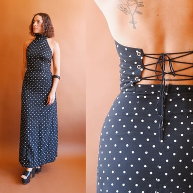 Vintage 70s Polka Dot Halter Dress with Corseted Lace Up Back/ 1970s Black White Maxi Dress/ Size XS 25 