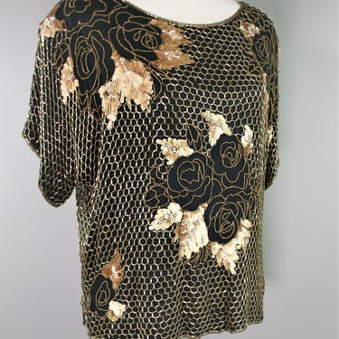 Beaded Top, Gold, Beading on black silk - by Carolyn Barton - Estimated M/L 