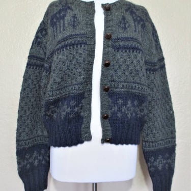 Vintage 1990s Gap Cardigan Sweater, Hand Knit, Navy Gray Wool Knit, Large Women 