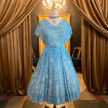 1950s novelty print dress, vintage 50s dress, sheer cotton, turquoise and white, 31 waist, roman print, full skirt, large, mrs maisel 