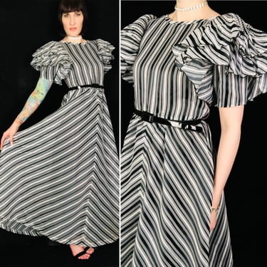 Vintage 1980's Black White Grey Chevron Striped Origami Sleeve Gown - size Medium 