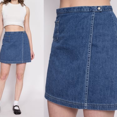 90s Denim Mini Wrap Skirt - Medium, 27.5" | Vintage Gap Blue Jean A Line Minimalist Miniskirt 