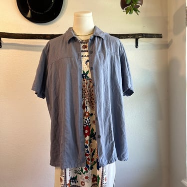 Vintage 90s Blue Textured Silk Button Front Short Sleeve Oversized Shirt Size XL 