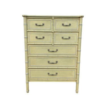 Henry Link Dresser Chest of 5 Drawers - Vintage Yellow Wash Bali Hai Faux Bamboo Hollywood Regency Coastal Furniture 