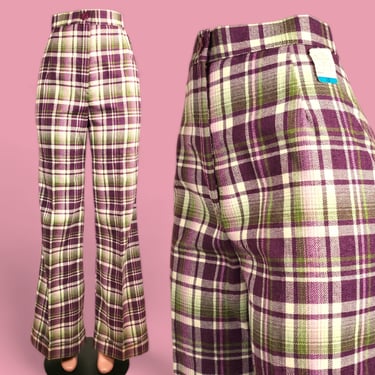 Plaid 60s/70s pants by Sears Jr Bazaar. Deadstock. Amazing color pop. Plum, pink, green. Cuffed wide leg, high rise, mod. (28/29 x 33) 