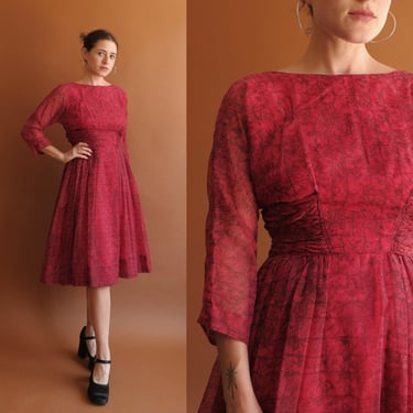 Vintage 50s Brick Print Chiffon Layered New Look Dress/ 1950s Red Cocktail Dress/ Size Medium 29 