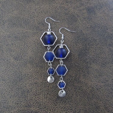 Royal blue frosted glass and silver hexagon earrings 
