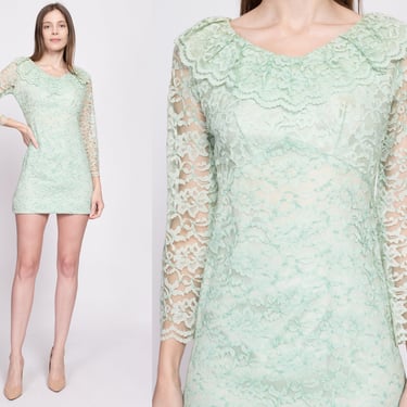 60s Mint Green Lace Micro Mini Dress, As Is - Extra Small | Vintage 1960s Bell Sleeve Lolita Babydoll Party Dress 