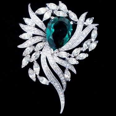 Polcini Green and Rhinestone Brooch